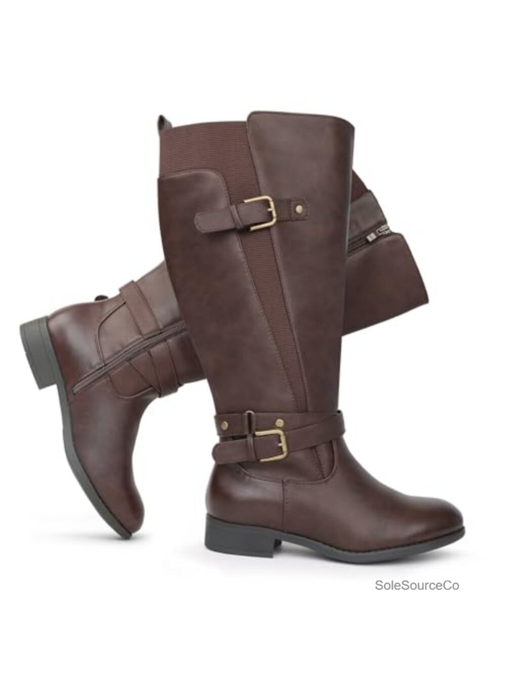 Extra Wide Calf Faux Leather Knee High Riding Boots Low Heel Ankle Strap